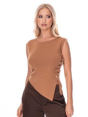 Chic Brown Carmel Asymmetrical Side-Button Knit Top